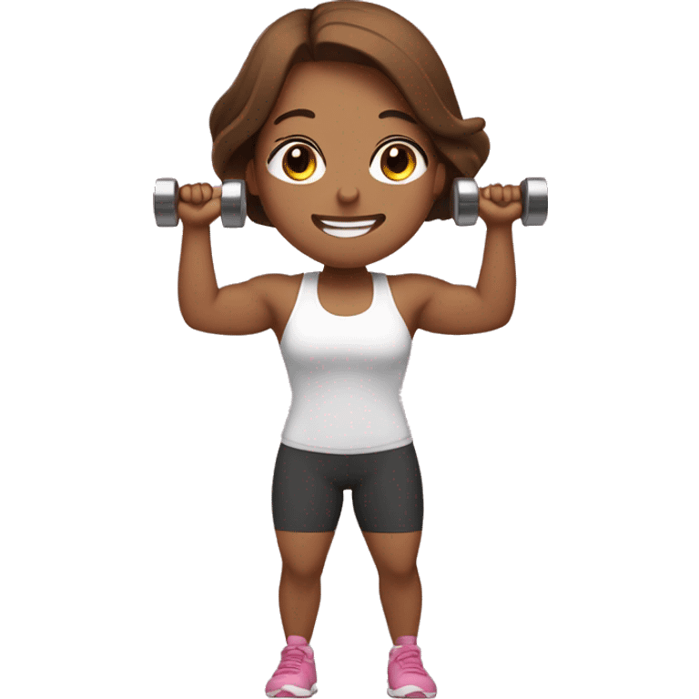 Gym girl lifting weights, pink skin, long and brown hair, eyes closed, smiling emoji