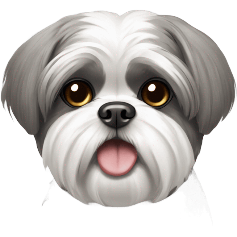 Grey and white Shih tzu with no eyes smiling emoji