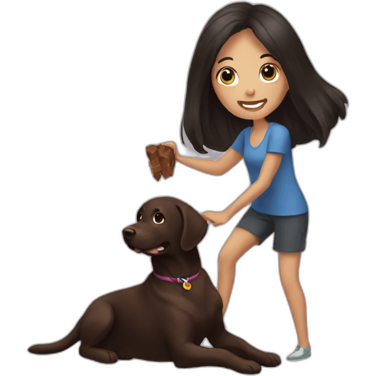 Chocolate labrador playing with woman long black hair emoji