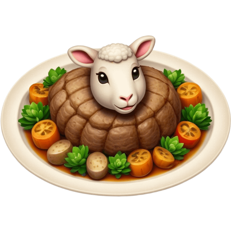 Cinematic Realistic Roast Lamb Dish Emoji, depicted with tender, succulent lamb roasted to perfection and served with seasonal vegetables, rendered with rich textures and inviting warm lighting that captures its traditional heritage. emoji