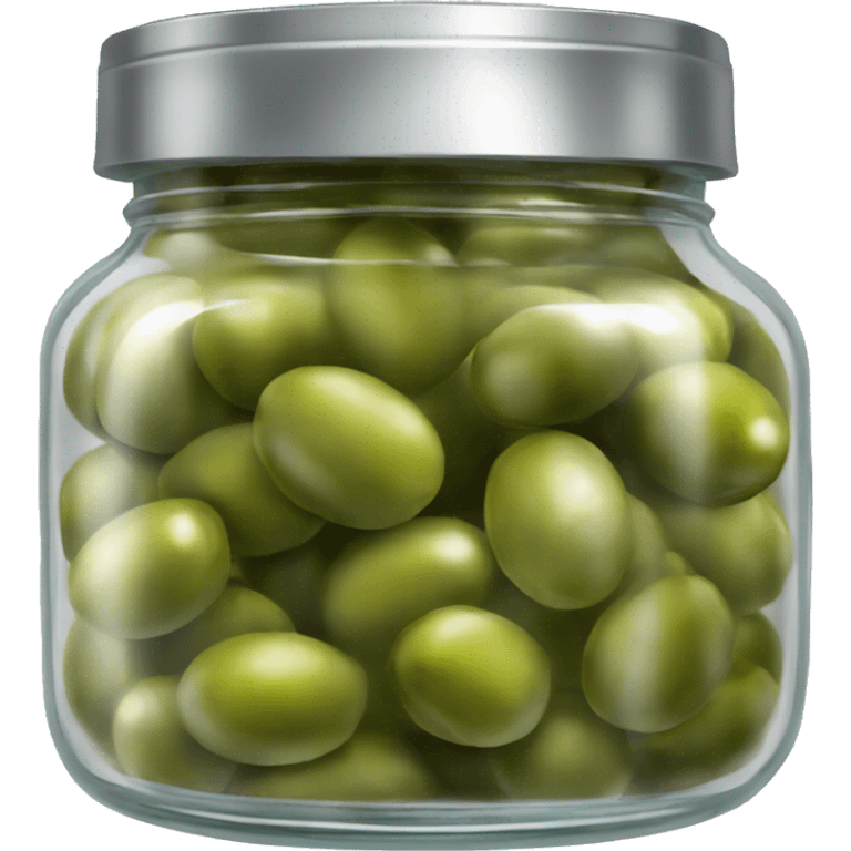 Realistic glass jar with silver metallic lid filled with green olives inside of it. emoji