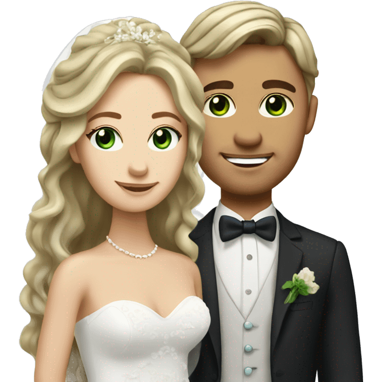 Bride with long wavy lose brown hair and green eyes and blonde groom with blue eyes  emoji