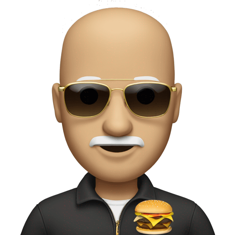 A white bald guy with a goatee wearing sunglasses and a gold chain holding a hamburger  emoji