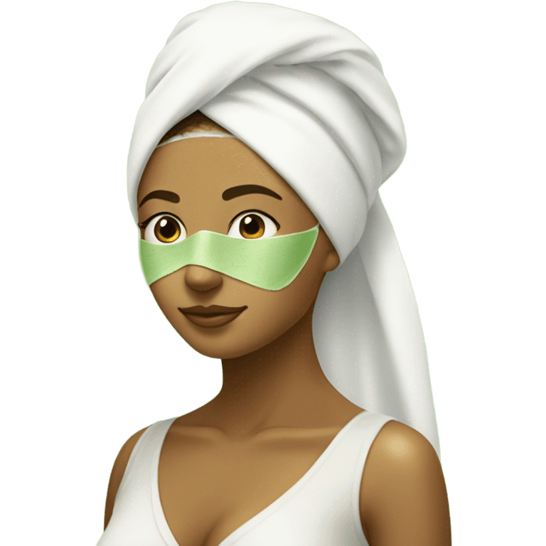 Tan Girl with white towel on her head and green skincare mask on emoji