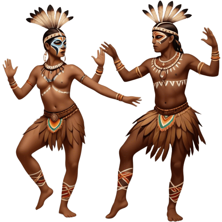 Cinematic Realistic scene of two indigenous dancers performing an Aboriginal Corroboree, adorned in intricate traditional body paint and ceremonial attire, captured in fluid motion with earthy tones and vibrant, cultural lighting emoji