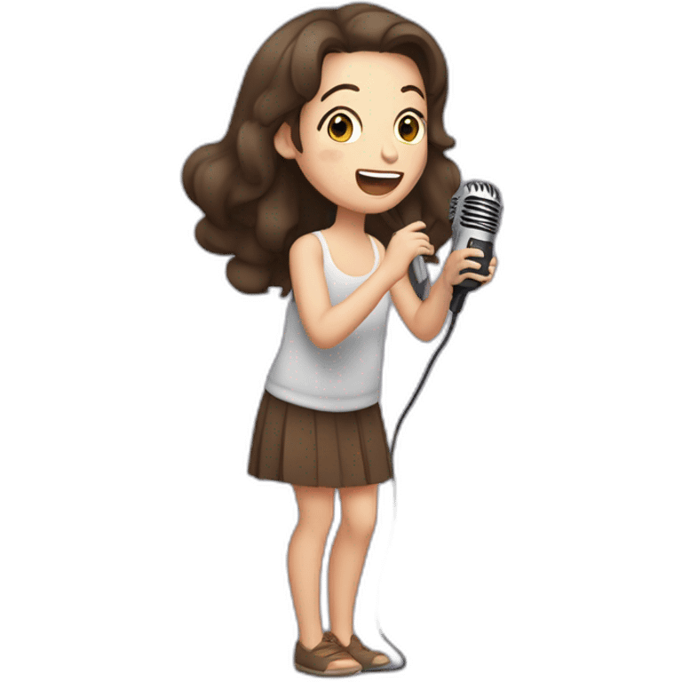 Caucasian girl with dark long Brown hair performing with a michophone singing emoji