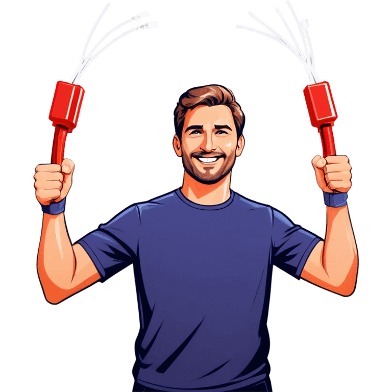 Man holding both arms in the air and holding an electrical cable emoji