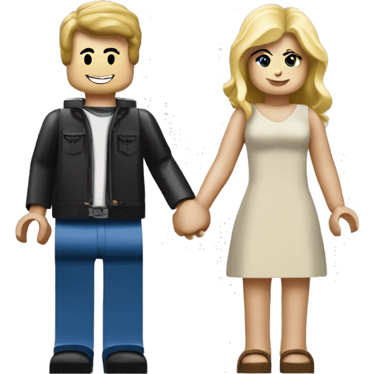 a blonde girl and brunette boy as lego people holding hands emoji