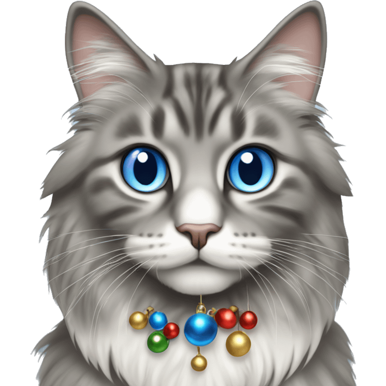 Grey Norwegian forest cat with blue eyes with  jingle bells on his collar emoji