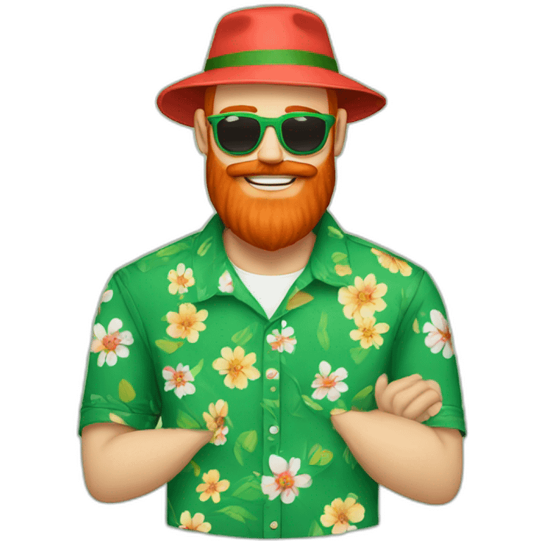 bright red beard wearing a floral shirt and wearing green sunglasses and a bucket hat giving someone a hug emoji