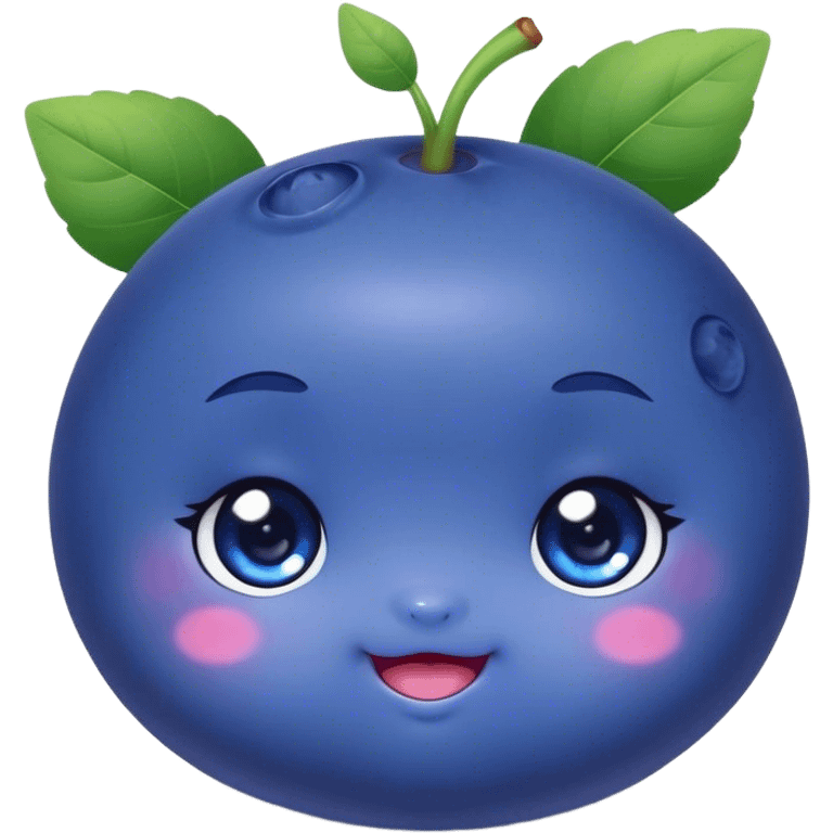 Cute Kawaii Blueberry, small and chubby, deep blue-purple with a tiny leafy crown, bright sparkling eyes, a soft round body, cute blushing cheeks, full of berry sweetness! emoji