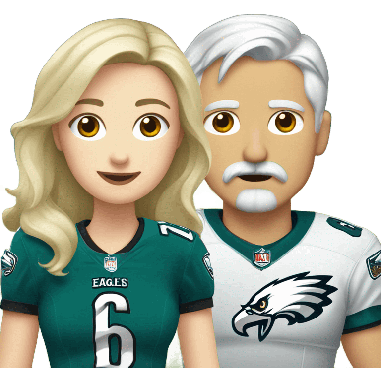 Blonde white girl, grey haired boy with a mustache wearing eagles jerseys  emoji