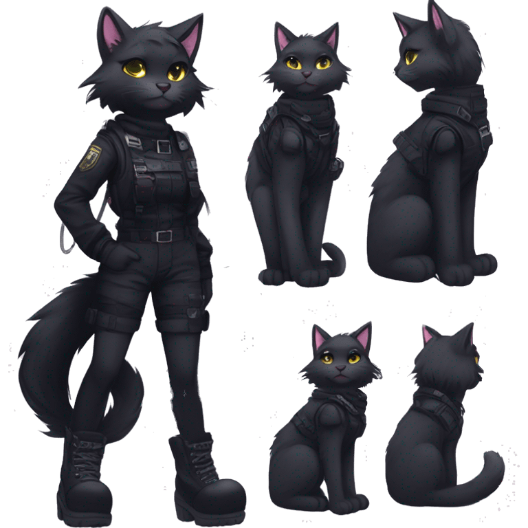 Gorgeous furry dark techwear anime style anthro black cat fursona with blushing face aesthetic and pretty edgy black with collar and harness trending style emoji