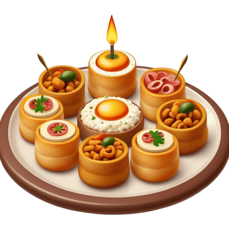 Tapas (4 Pintxos) Cinematic Realistic Tapas Dish Emoji, depicted as an assortment of 4 pintxos elegantly arranged on a plate, rendered with lifelike textures and vibrant, inviting lighting. emoji