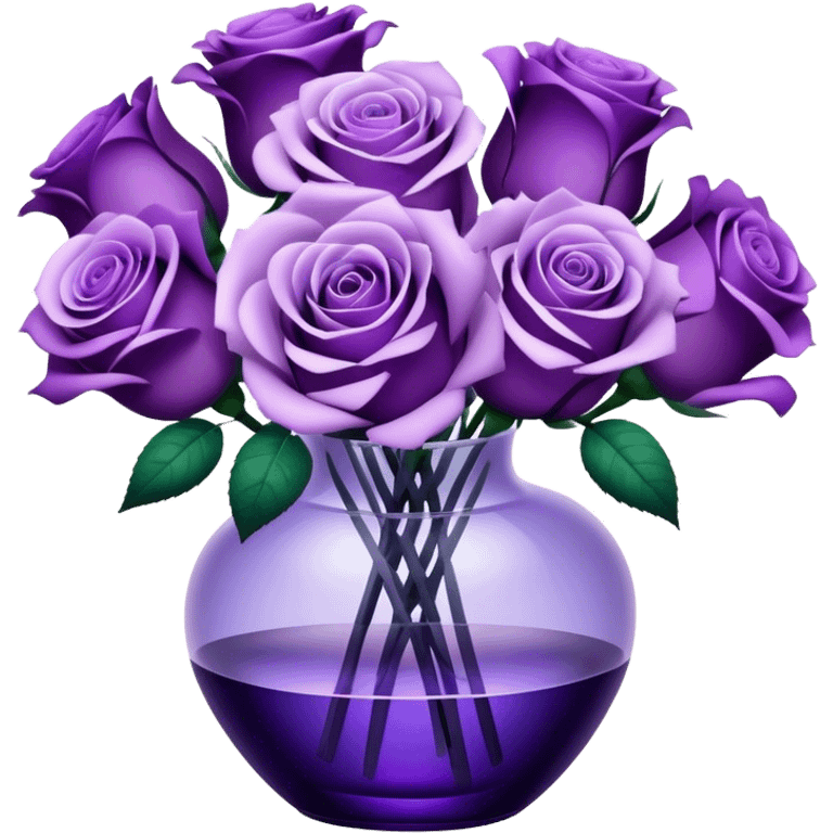 "A bouquet of purple roses in shades from soft lavender to deep violet, arranged in a translucent glass vase with subtle reflections."
 emoji