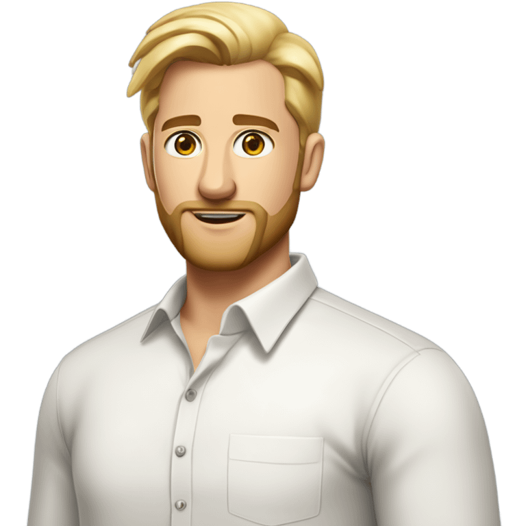 english man, short slicked back hair blonde, blonde medium length size full beard, in a smart unbuttoned shirt. emoji