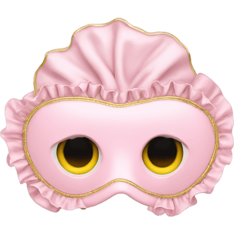 light pink sleep mask with ruffles and gold lettering emoji