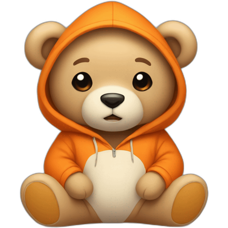 A cute light-beige teddy bear wearing an orange hoodie. His eyes are black. He's sitting on his butt. emoji