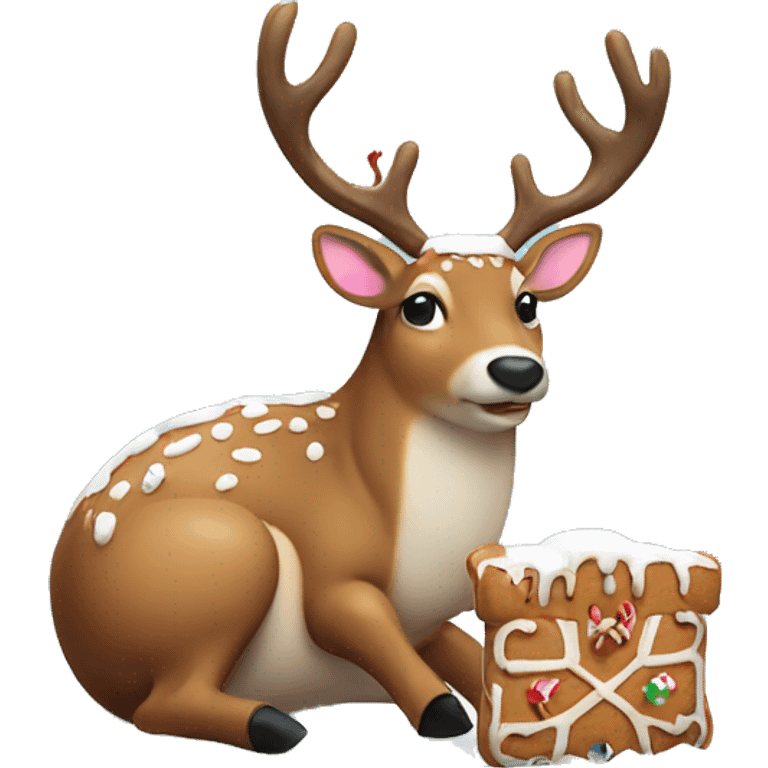 Fat deer with santa hat eating a living gingerbread man in the snow emoji