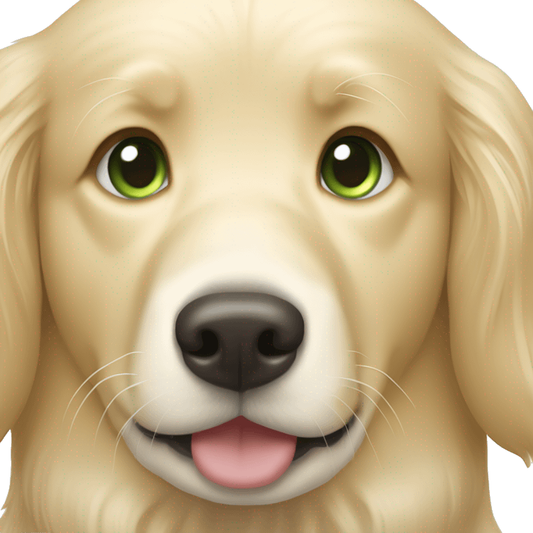 English cream golden retriever with woman who has dark blonde hair and green eyes emoji