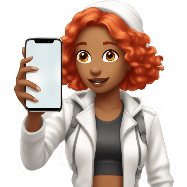 21-Year girl taking selfie in front of mirror. She has bright red hair. The length of her hair is up to shoulders, she wears white body suite and white jacket. She has phone in her hand. Phone has brown case and it's located on her face level emoji