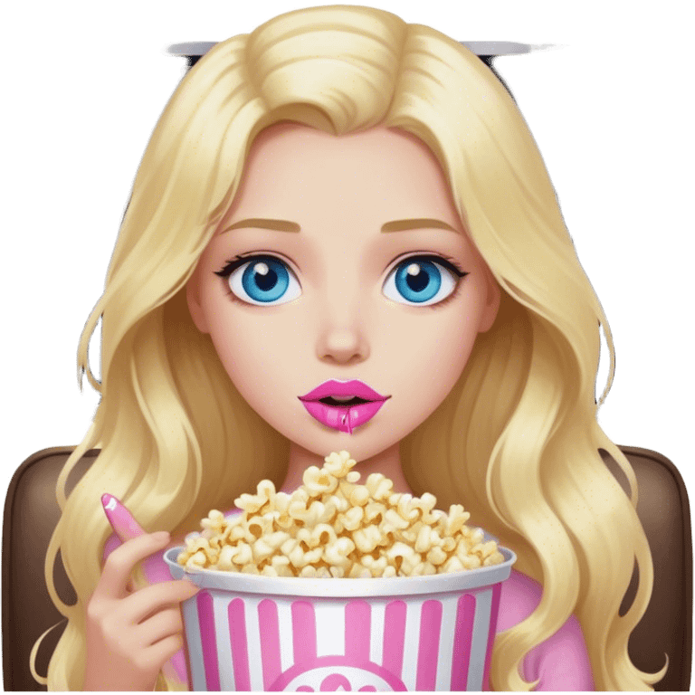 Cinematic realistic blonde with long hair, blue eyes and painted pink lips, watching TV and eating popcorn emoji