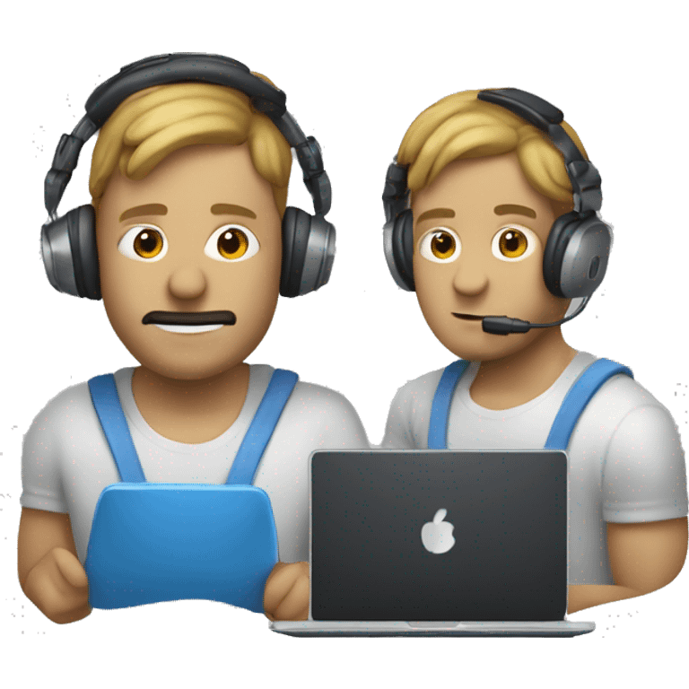 man in headphones talking hold laptop and phone only upper part of body  emoji