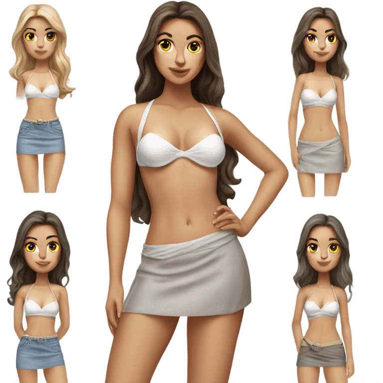 hyperrealistic caucasian brunette female body white bikini top grey mini skirt emoji