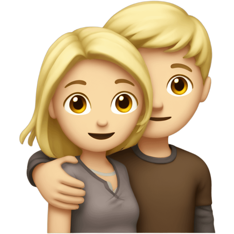 two people (blonde boy and brown hair girl) hugging; cute emoji