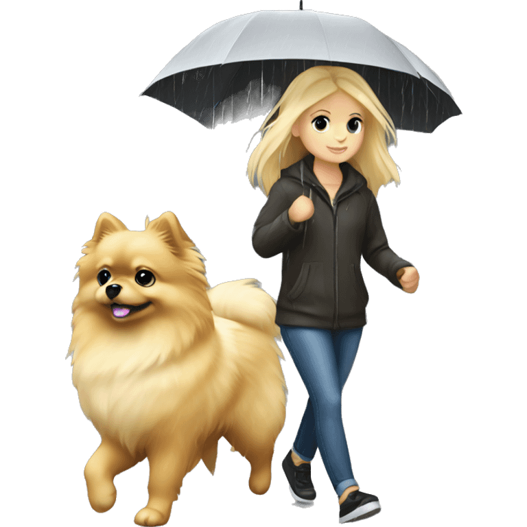 Blonde girl walking pomeranian under the rain emoji