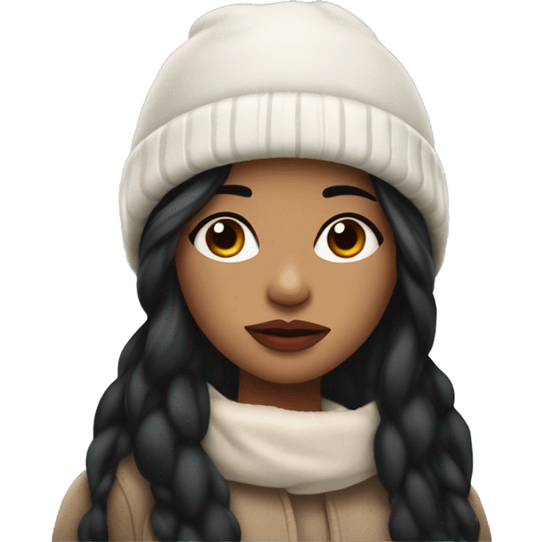 beautiful girl with long flowy black hair and pouty reddish lips wearing winter hat emoji