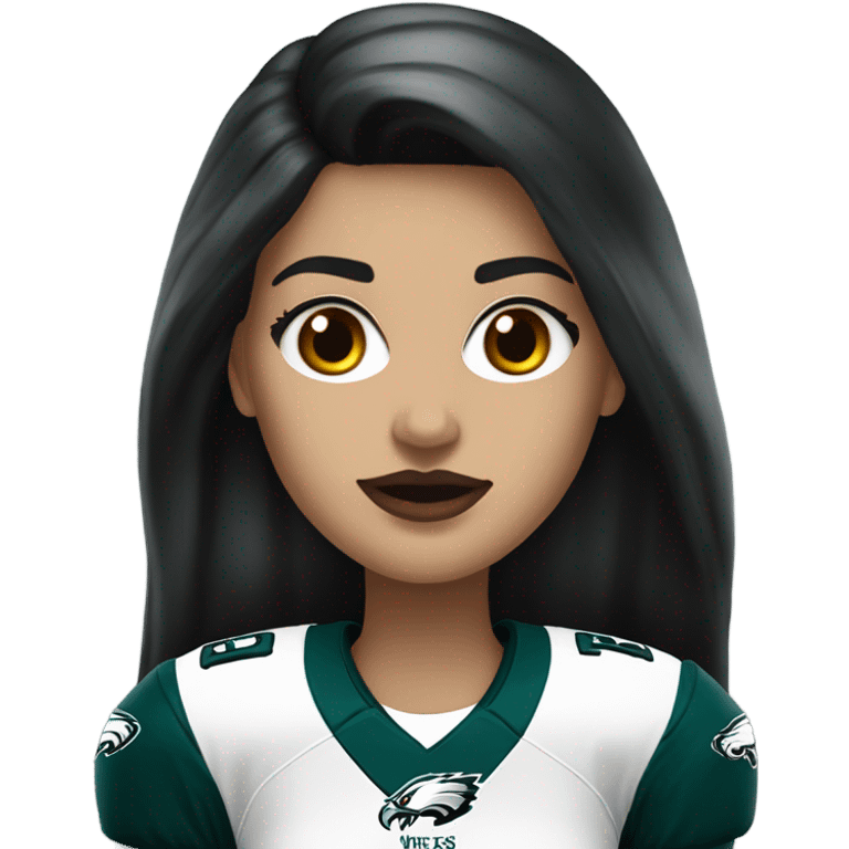 White female long dark hair red lips wearing Philadelphia Eagles jersey emoji