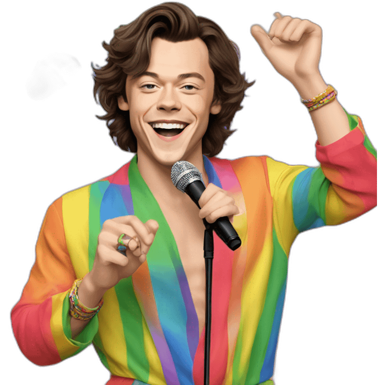 harry styles dancing in colourful jumpsuit pride flag in left hand and microphone in right emoji