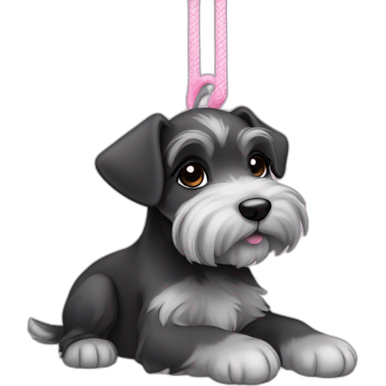 female puppy color "black and gray" breed medium Schnauzer with hanging ears hanging ears and a pale pink string around its neck emoji