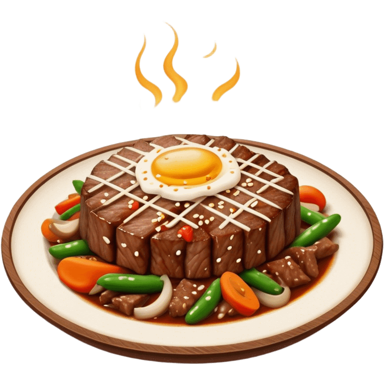 Cinematic Realistic Bulgogi Dish Emoji, featuring tender, marinated beef stir-fried with vegetables rendered with dynamic textures and mouth-watering lighting. emoji