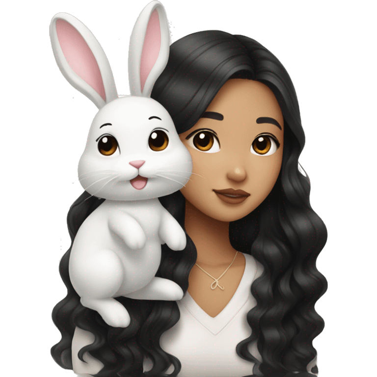 Asian girl with black Long Beach waves with cute white bunny emoji