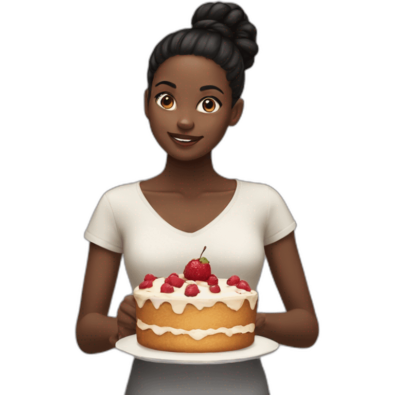 A black girl, black hair in a bun, eat cake without fruits emoji