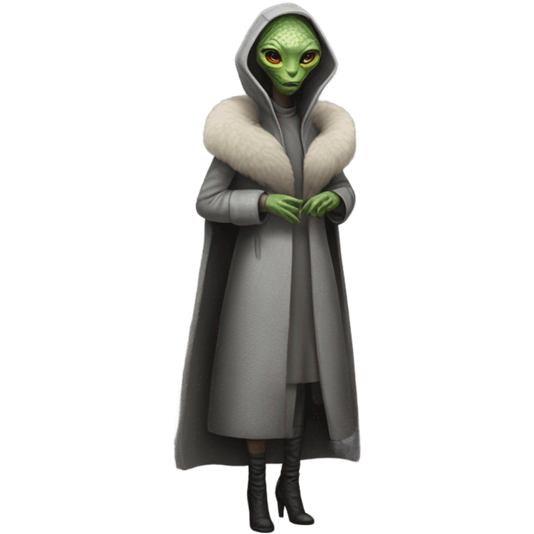 a Reptilian alien woman, in gray dress, in fur coat, full body emoji