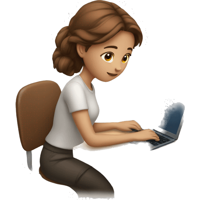 white skinned girl with brown hair working in laptop and writing emoji