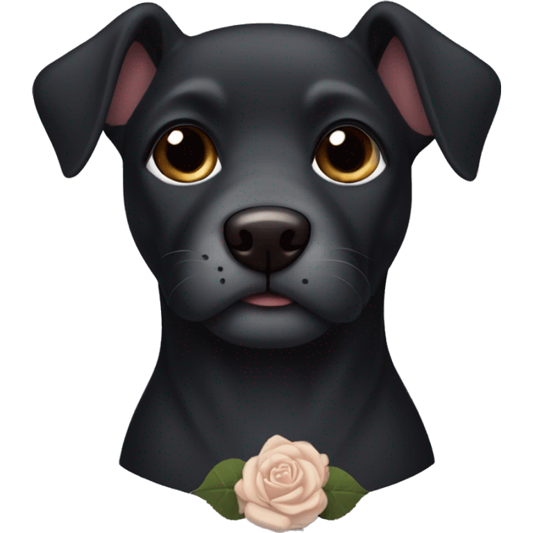 Short haired black dog with rose ears, greying muzzle and eyebrows, and brown eyes  emoji