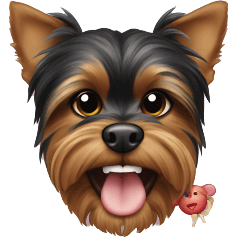 black and red yorkie with a toy mouse in his teeth emoji