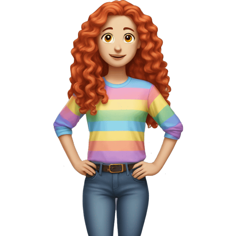 white girl with long red curly hair, wearing a pastel rainbow shirt doing a pose emoji