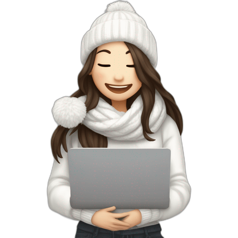 eyes closed laughing female with pale skin and dark brown straight long hair wearing white scarf and white woolly hat and black hoodie and holding a laptop and coffee mug not full body shot emoji