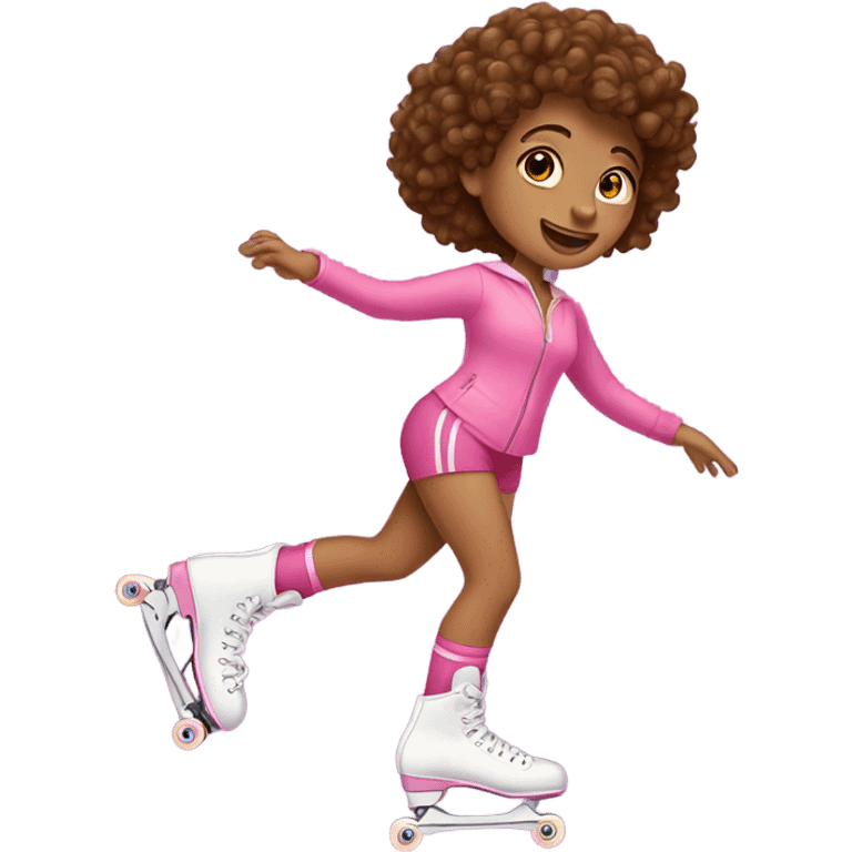 Woman with brown curly hair roller skating in pink  emoji