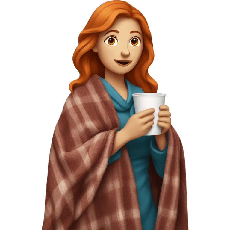 Red-haired woman with a cup in her hands and a blanket over her emoji