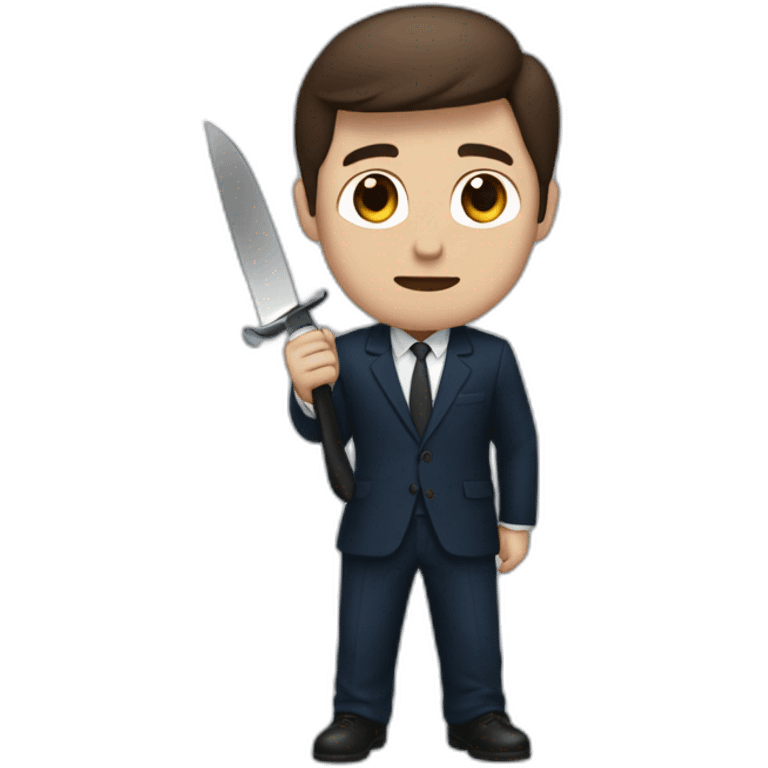 man his eyes dark blue and hes holding a knife and hes haveing a brown hair and suits and balck pants emoji