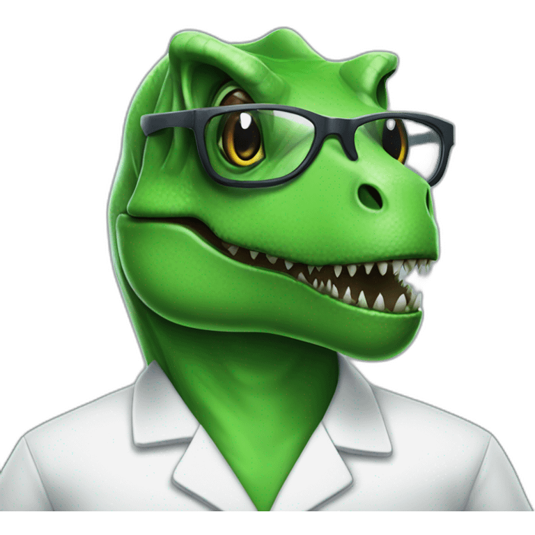 green t-rex head in lab uniform and black glasses emoji