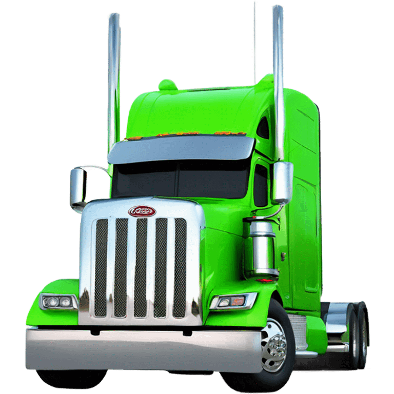 neon green peterbilt semi truck lowered on the ground with large chrome wheels and chrome smoke stacks profile view emoji