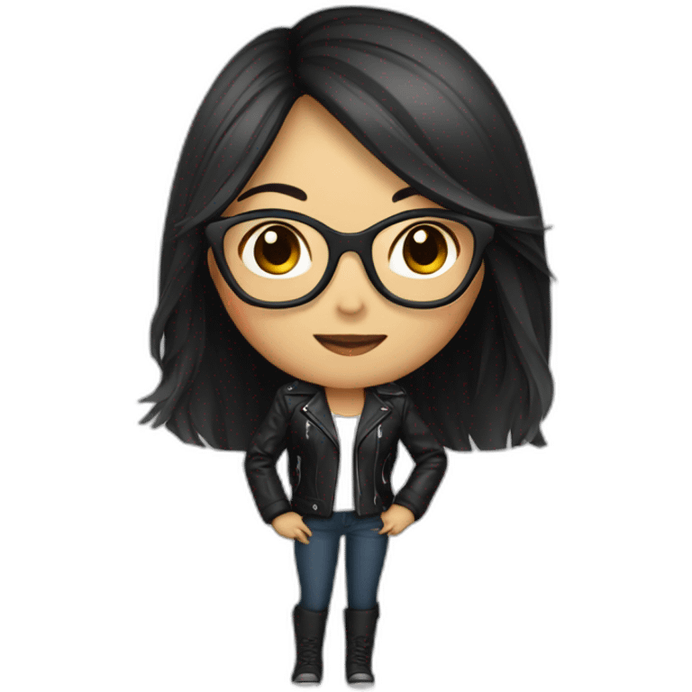 Asian girl in glasses and leather jacket whith dark long hair emoji