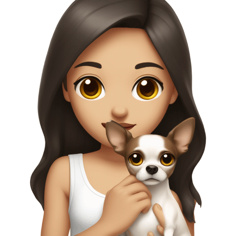 A girl with long very dark brown hair, big brown eyes, very big lips wearing a white singlet top, she is holding a small very  chihuahua that is only one colour light yellow emoji